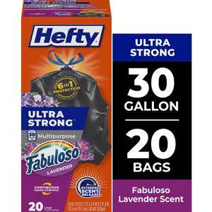Hefty Ultra Strong 30 Gallon Trash Bags, Black Large Trash Bags, Fabuloso Scent, 20 Bags Hefty Ultra Strong 30 Gallon Trash Bags, Black Large Trash Bags, Fabuloso Scent, 20 Bags