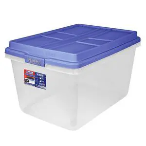 Hefty HI-RISE 72 Quart Large Latching Storage Bin, Clear Plastic Storage Container with HI-RISE Latch Lid, Blue Hefty HI-RISE 72 Quart Large Latching Storage Bin, Clear Plastic Storage Container with HI-RISE Latch Lid, Blue