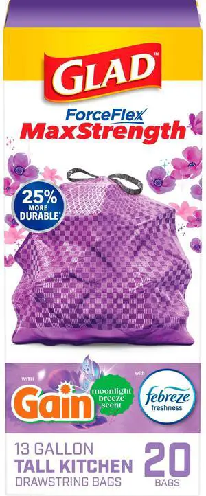 Glad ForceFlex MaxStrength 13-Gallon Purple Drawstring Tall Kitchen Bags, Gain Moonlight Breeze Scent, 20 Bags Glad ForceFlex MaxStrength 13-Gallon Purple Drawstring Tall Kitchen Bags, Gain Moonlight Breeze Scent, 20 Bags