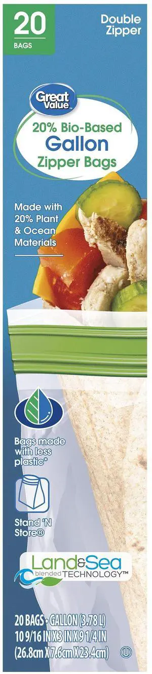 Great Value Reclosable Gallon Food Storage Bags, Made with 20% Plant and Ocean Materials, 20 Count Great Value Reclosable Gallon Food Storage Bags, Made with 20% Plant and Ocean Materials, 20 Count