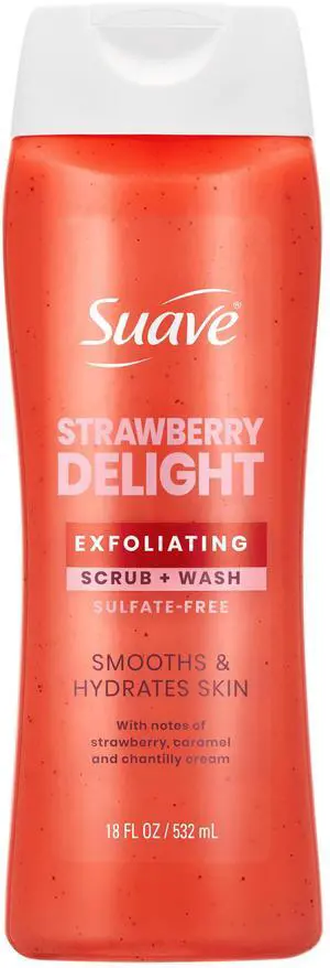 Suave Strawberry Delight Exfoliating Body Wash & Scrub with Glycerin & Vitamin E, Sulfate-Free Hydrating Cleanser for Soft, Smooth Skin, 18 fl oz Suave Strawberry Delight Exfoliating Body Wash & Scrub with Glycerin & Vitamin E, Sulfate-Free Hydrating Cleanser for Soft, Smooth Skin, 18 fl oz
