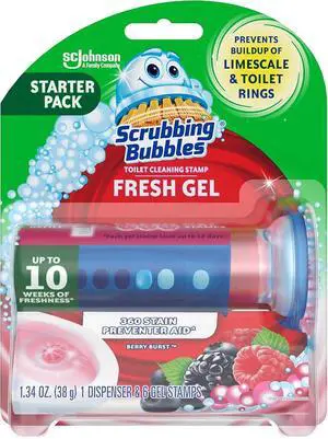 Scrubbing Bubbles Fresh Gel Toilet Bowl Cleaning Stamps, Helps Keep Toilet Clean and Helps Prevent Limescale & Rings, Berry Burst Scent, 1 Dispenser with 6 Fresh Gel Stamps Scrubbing Bubbles Fresh Gel Toilet Bowl Cleaning Stamps, Helps Keep Toilet Clean and Helps Prevent Limescale & Rings, Berry Burst Scent, 1 Dispenser with 6 Fresh Gel Stamps