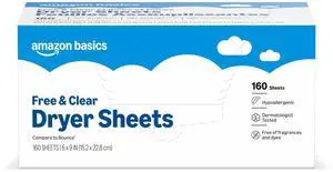 Amazon Basics Dryer Sheets Laundry Fabric Softener, Free & Clear, Hypoallergenic, Free of Fragrances, Softening Agent, Dermatologist Tested, 160 Count Amazon Basics Dryer Sheets Laundry Fabric Softener, Free & Clear, Hypoallergenic, Free of Fragrances, Softening Agent, Dermatologist Tested, 160 Count
