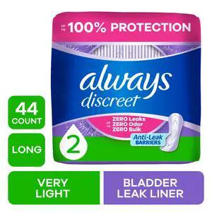 Always Discreet Incontinence Panty Liners for Bladder Leaks, Size 2, Very Light Absorbency, Long Length, 44 Count Always Discreet Incontinence Panty Liners for Bladder Leaks, Size 2, Very Light Absorbency, Long Length, 44 Count