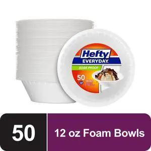 Hefty Everyday Soak-Proof Foam Bowls, White, 12 ounce, 50 Count Hefty Everyday Soak-Proof Foam Bowls, White, 12 ounce, 50 Count