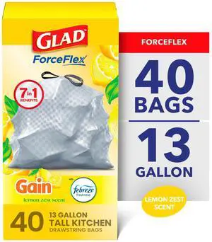 Glad ForceFlex 13-Gallon Drawstring Tall Kitchen Trash Bags, Gain Lemon Zest Scent, 40 Bags Glad ForceFlex 13-Gallon Drawstring Tall Kitchen Trash Bags, Gain Lemon Zest Scent, 40 Bags