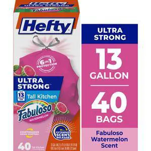 Hefty Ultra Strong 13 Gallon Trash Bags, Tall Kitchen Trash Bags, Pink, Fabuloso Watermelon Scent, 40 Bags Hefty Ultra Strong 13 Gallon Trash Bags, Tall Kitchen Trash Bags, Pink, Fabuloso Watermelon Scent, 40 Bags