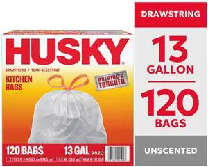Husky 13 Gallon Tall Kitchen Drawstring Bags, 120 Bags Husky 13 Gallon Tall Kitchen Drawstring Bags, 120 Bags