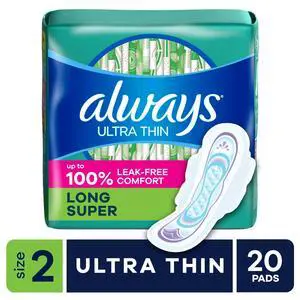 Always Ultra Thin Pads with Wings, Size 2, Long Super, 20 Count Always Ultra Thin Pads with Wings, Size 2, Long Super, 20 Count