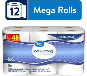 Great Value Soft & Strong Toilet Paper, 12 Mega Rolls, 380 Sheets per Roll Great Value Soft & Strong Toilet Paper, 12 Mega Rolls, 380 Sheets per Roll