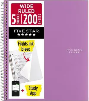 Five Star Spiral Notebook + Study App, 5 Subject, Wide Ruled, 8" x 10.5", Amethyst Five Star Spiral Notebook + Study App, 5 Subject, Wide Ruled, 8" x 10.5", Amethyst