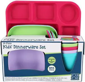 Your Zone Kids Dinnerware Set, 24-Piece Plastic Plates, Bowls, Cups & Utensils, Pink Assorted Your Zone Kids Dinnerware Set, 24-Piece Plastic Plates, Bowls, Cups & Utensils, Pink Assorted