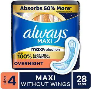 Always Maxi Pads without Wings, Size 4, Overnight Absorbency, 28 count Always Maxi Pads without Wings, Size 4, Overnight Absorbency, 28 count