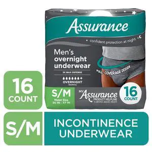 Assurance Men's Overnight Incontinence Underwear, S/M, Ultimate Absorbency, 16 Count Assurance Men's Overnight Incontinence Underwear, S/M, Ultimate Absorbency, 16 Count