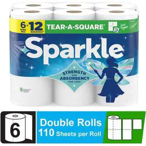 Sparkle Tear-A-Square Paper Towels, 6 Double Rolls, 110 Sheets per Roll Sparkle Tear-A-Square Paper Towels, 6 Double Rolls, 110 Sheets per Roll