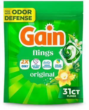 Gain Flings Laundry Detergent Soap Pacs, 4-in-1 Oxi Boost and Febreze, Original Scent, 31 Count Gain Flings Laundry Detergent Soap Pacs, 4-in-1 Oxi Boost and Febreze, Original Scent, 31 Count