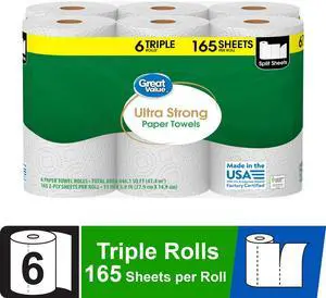 Great Value Ultra Strong Paper Towels, 6 Triple Rolls Great Value Ultra Strong Paper Towels, 6 Triple Rolls