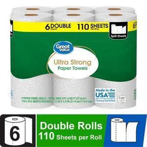 Great Value Ultra Strong Paper Towels, 6 Double Rolls Great Value Ultra Strong Paper Towels, 6 Double Rolls