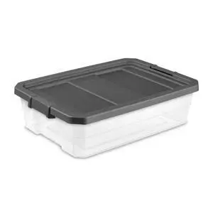 Sterilite 40 Quart Medium Stackable Storage Bin, Clear Plastic Underbed Storage Container with Latch Lid, Dark Gray Sterilite 40 Quart Medium Stackable Storage Bin, Clear Plastic Underbed Storage Container with Latch Lid, Dark Gray