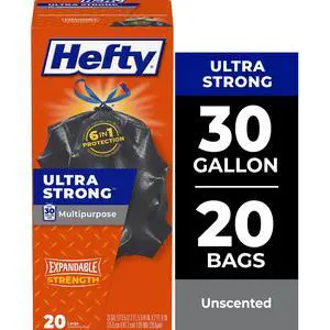 Hefty Ultra Strong Multipurpose Large Trash Bags, Black, Unscented, Made with 20% Post-Consumer Recycled Materials, 30 Gallon, 20 Count Hefty Ultra Strong Multipurpose Large Trash Bags, Black, Unscented, Made with 20% Post-Consumer Recycled Materials, 30 Gallon, 20 Count