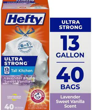 Hefty Ultra Strong 13 Gallon Trash Bags, Tall Kitchen Trash Bags, White, Lavender and Sweet Vanilla Scent, 40 Bags Hefty Ultra Strong 13 Gallon Trash Bags, Tall Kitchen Trash Bags, White, Lavender and Sweet Vanilla Scent, 40 Bags