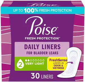 Poise Daily Liners, Incontinence Panty Liners for Bladder Leaks, 2 Drop Very Light Absorbency, Regular Length, 30 Count of Pantiliners, Packaging May Vary Poise Daily Liners, Incontinence Panty Liners for Bladder Leaks, 2 Drop Very Light Absorbency, Regular Length, 30 Count of Pantiliners, Packaging May Vary