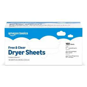 Amazon Basics Dryer Sheets Laundry Fabric Softener, Free & Clear, Hypoallergenic, Free of Fragrances, Softening Agent, Dermatologist Tested, 160 Count Amazon Basics Dryer Sheets Laundry Fabric Softener, Free & Clear, Hypoallergenic, Free of Fragrances, Softening Agent, Dermatologist Tested, 160 Count