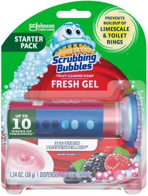 Scrubbing Bubbles Fresh Gel Toilet Bowl Cleaning Stamps, Helps Keep Toilet Clean and Helps Prevent Limescale & Rings, Berry Burst Scent, 1 Dispenser with 6 Fresh Gel Stamps Scrubbing Bubbles Fresh Gel Toilet Bowl Cleaning Stamps, Helps Keep Toilet Clean and Helps Prevent Limescale & Rings, Berry Burst Scent, 1 Dispenser with 6 Fresh Gel Stamps