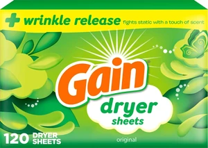 Gain dryer sheets Plus Wrinkle Release, Original Scent, 120 Count, Fights static with a touch of scent, laundry sheets Gain dryer sheets Plus Wrinkle Release, Original Scent, 120 Count, Fights static with a touch of scent, laundry sheets