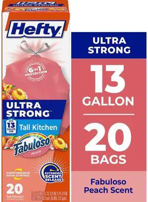 Hefty Ultra Strong 13 Gallon Trash Bags, Tall Kitchen Trash Bags, Peach, Fabuloso Peach Scent, 20 Bags Hefty Ultra Strong 13 Gallon Trash Bags, Tall Kitchen Trash Bags, Peach, Fabuloso Peach Scent, 20 Bags
