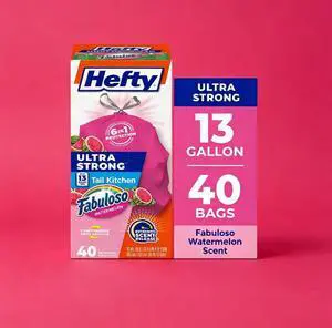 Hefty Ultra Strong 13 Gallon Trash Bags, Tall Kitchen Trash Bags, Pink, Fabuloso Watermelon Scent, 40 Bags Hefty Ultra Strong 13 Gallon Trash Bags, Tall Kitchen Trash Bags, Pink, Fabuloso Watermelon Scent, 40 Bags