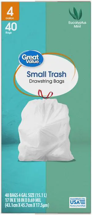 ICUTE-Great Value 4-Gallon Small Drawstring Trash Bags, Eucalyptus Mint Scent, 40 Bags ICUTE-Great Value 4-Gallon Small Drawstring Trash Bags, Eucalyptus Mint Scent, 40 Bags