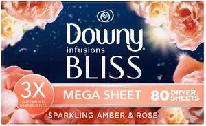 Downy Fabric Softener Dryer Sheets, Infusions Bliss Amber and Rose Scent, 80 Mega Dryer Sheets Downy Fabric Softener Dryer Sheets, Infusions Bliss Amber and Rose Scent, 80 Mega Dryer Sheets