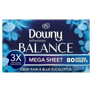 Downy Fabric Softener Dryer Sheets, Infusions Balance Crisp Rain and Blue Eucalyptus Scent, 80 Mega Dryer Sheets Downy Fabric Softener Dryer Sheets, Infusions Balance Crisp Rain and Blue Eucalyptus Scent, 80 Mega Dryer Sheets