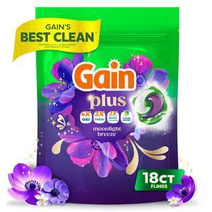 Gain Plus Flings Laundry Detergent Liquid Washing Pacs, Gain's Best All-In-One Clean, Moonlight Breeze Scent, 18 Count Gain Plus Flings Laundry Detergent Liquid Washing Pacs, Gain's Best All-In-One Clean, Moonlight Breeze Scent, 18 Count