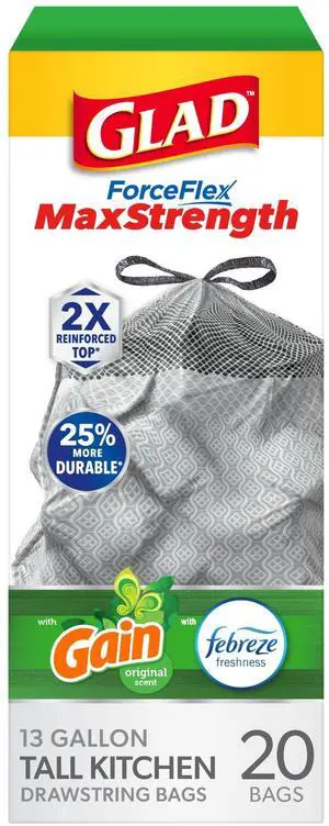 Glad ForceFlex MaxStrength 13-Gallon Drawstring Tall Trash Bags, Gain Original Scent, 20 Bags Glad ForceFlex MaxStrength 13-Gallon Drawstring Tall Trash Bags, Gain Original Scent, 20 Bags