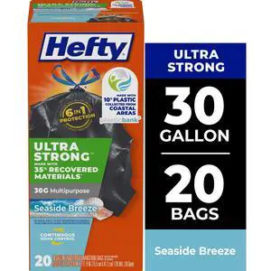 Hefty Ultra Strong 30 Gallon Trash Bags, Multipurpose Large Trash Bags Made with Recovered Materials, Including Coastal Plastic, Black, Seaside Breeze Scent, 20 Bags Hefty Ultra Strong 30 Gallon Trash Bags, Multipurpose Large Trash Bags Made with Recovered Materials, Including Coastal Plastic, Black, Seaside Breeze Scent, 20 Bags