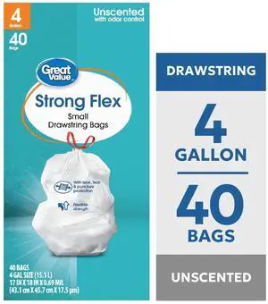 Great Value 4 Gallon Strong Flex Small Drawstring Garbage Bags, 40 Bags Great Value 4 Gallon Strong Flex Small Drawstring Garbage Bags, 40 Bags