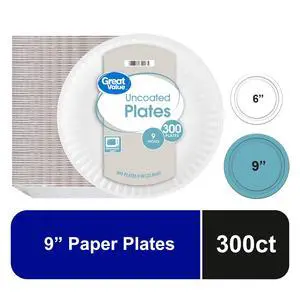Great Value Uncoated Paper Plates, 9 in, 300 Count Great Value Uncoated Paper Plates, 9 in, 300 Count