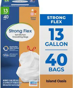 Great Value Strong Flex 13-Gallon Drawstring Tall Kitchen Trash Bags, Island Oasis, 40 Count Great Value Strong Flex 13-Gallon Drawstring Tall Kitchen Trash Bags, Island Oasis, 40 Count