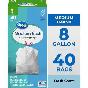 Great Value 8-Gallon Drawstring Trash Bags, Fresh Scent, 40 Bags Great Value 8-Gallon Drawstring Trash Bags, Fresh Scent, 40 Bags
