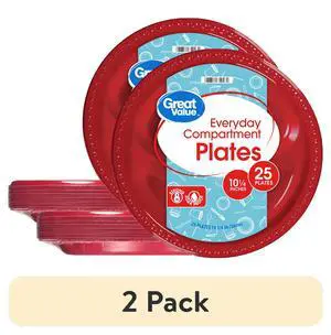 (2 pack) Great Value Everyday Disposable Plastic Compartment Plates, Red, 10.25 in, 25 Count (2 pack) Great Value Everyday Disposable Plastic Compartment Plates, Red, 10.25 in, 25 Count