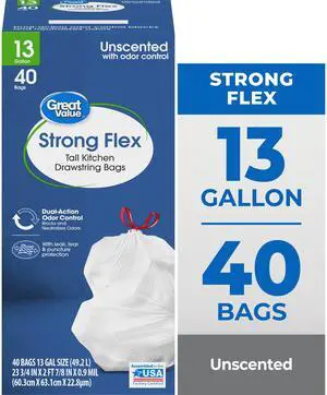 Great Value Strong Flex Tall Kitchen Drawstring Bags, 13 Gallon, Unscented, 40 Count Great Value Strong Flex Tall Kitchen Drawstring Bags, 13 Gallon, Unscented, 40 Count