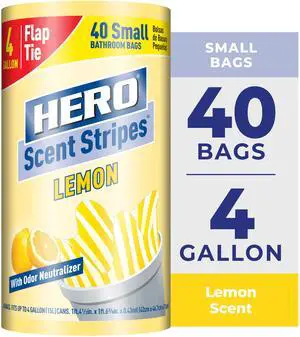 Hero Scent Stripes 4-Gallon, Lemon Scented, Small Flap Tie Trash Bags, 40 Count Hero Scent Stripes 4-Gallon, Lemon Scented, Small Flap Tie Trash Bags, 40 Count