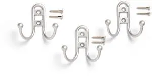 Mainstays, Double Hook Satin Nickel Metal Hooks, Clutter-Free Hooks for Hanging Towels and Coats, 10 lbs Capacity, 3 Pack Mainstays, Double Hook Satin Nickel Metal Hooks, Clutter-Free Hooks for Hanging Towels and Coats, 10 lbs Capacity, 3 Pack