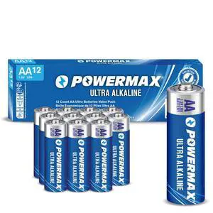 Powermax AA Alkaline Batteries 12-Pack, Double A, Long Lasting Power, 1.5V, Leak Resistant, 10-Year Shelf Life, Reclosable Packaging for Home and Office Powermax AA Alkaline Batteries 12-Pack, Double A, Long Lasting Power, 1.5V, Leak Resistant, 10-Year Shelf Life, Reclosable Packaging for Home and Office