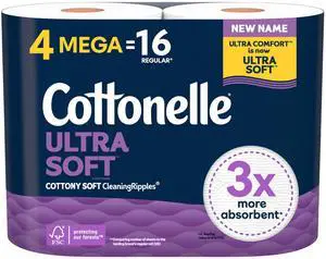 Cottonelle Ultra Soft Soft Toilet Paper, 4 Mega Rolls = 16 Regular Rolls, Packaging May Vary Cottonelle Ultra Soft Soft Toilet Paper, 4 Mega Rolls = 16 Regular Rolls, Packaging May Vary