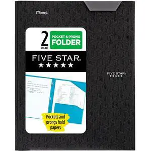 Five Star 2-Pocket Plastic Folder with Stay-Put Tabs and Prong Fasteners, Holds 8-1/2" x 11" Paper, Black (72113) Five Star 2-Pocket Plastic Folder with Stay-Put Tabs and Prong Fasteners, Holds 8-1/2" x 11" Paper, Black (72113)