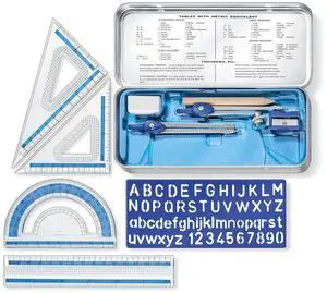 STAEDTLER 10-Piece Math Set with Metal Compass, 6" Ruler & Triangle Squares, 45 & 30/60 Set Squares, Alphabet Stencil - Measuring Tools STAEDTLER 10-Piece Math Set with Metal Compass, 6" Ruler & Triangle Squares, 45 & 30/60 Set Squares, Alphabet Stencil - Measuring Tools