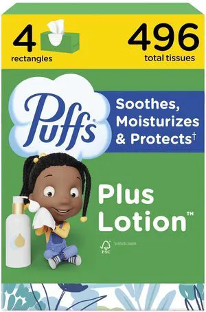 Puffs Facial Tissues Plus Lotion, 4 Family Boxes, 124 Tissues per Box, for Allergies and Colds Puffs Facial Tissues Plus Lotion, 4 Family Boxes, 124 Tissues per Box, for Allergies and Colds